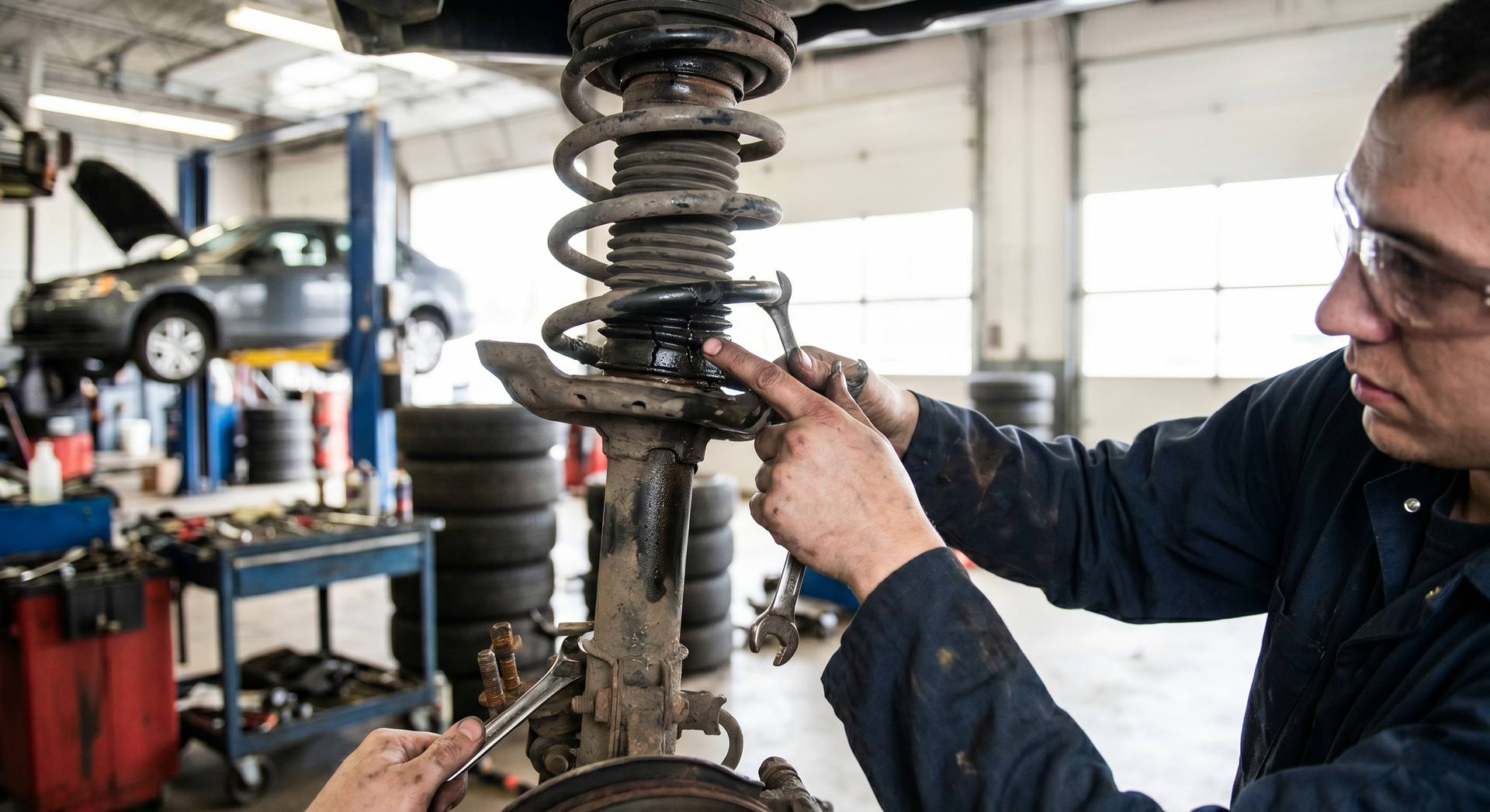 Mechanic inspecting a car suspension in a garage, holding a tool beside a raised wheel assembly.