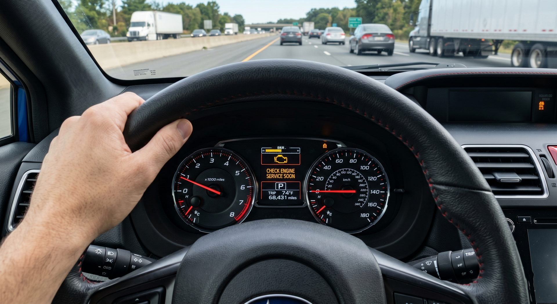Driver’s view of a car steering wheel and dashboard on a highway with traffic ahead