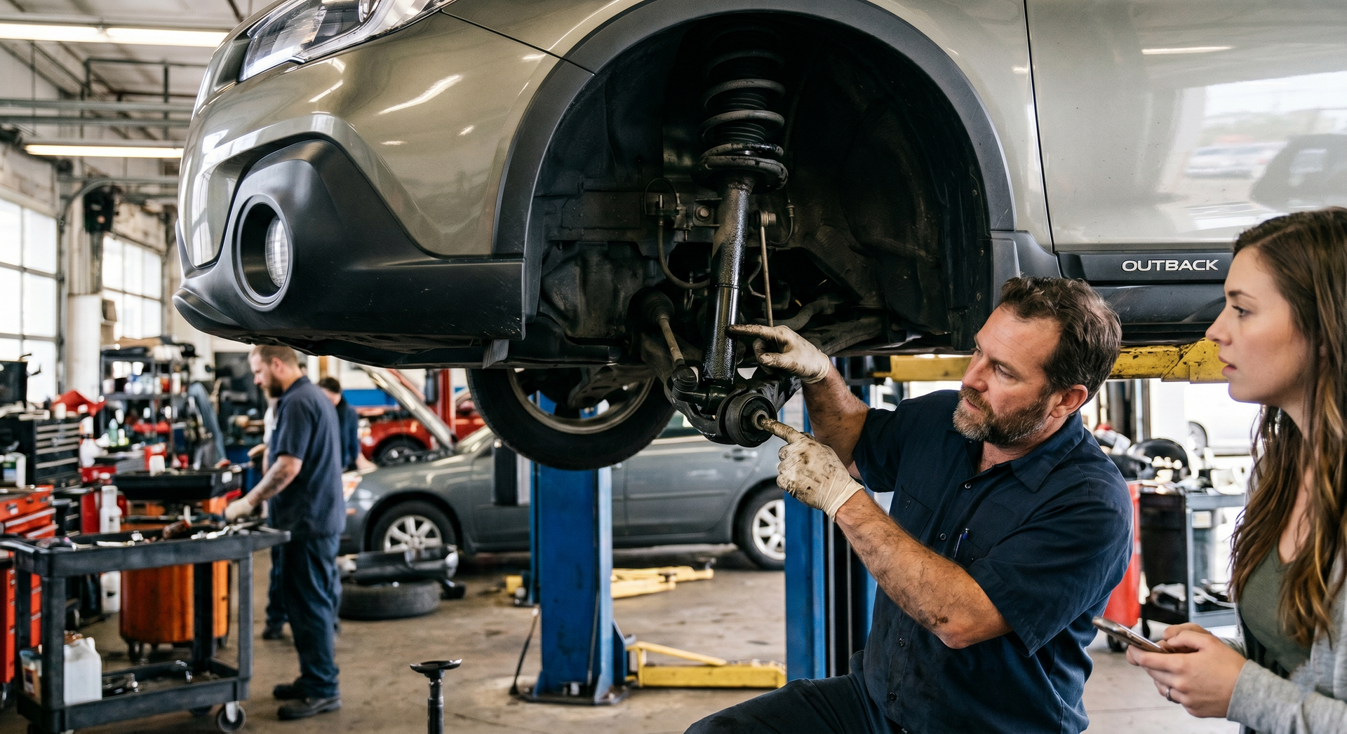 Mechanic inspecting a car's undercarriage in a repair shop while a woman observes nearby